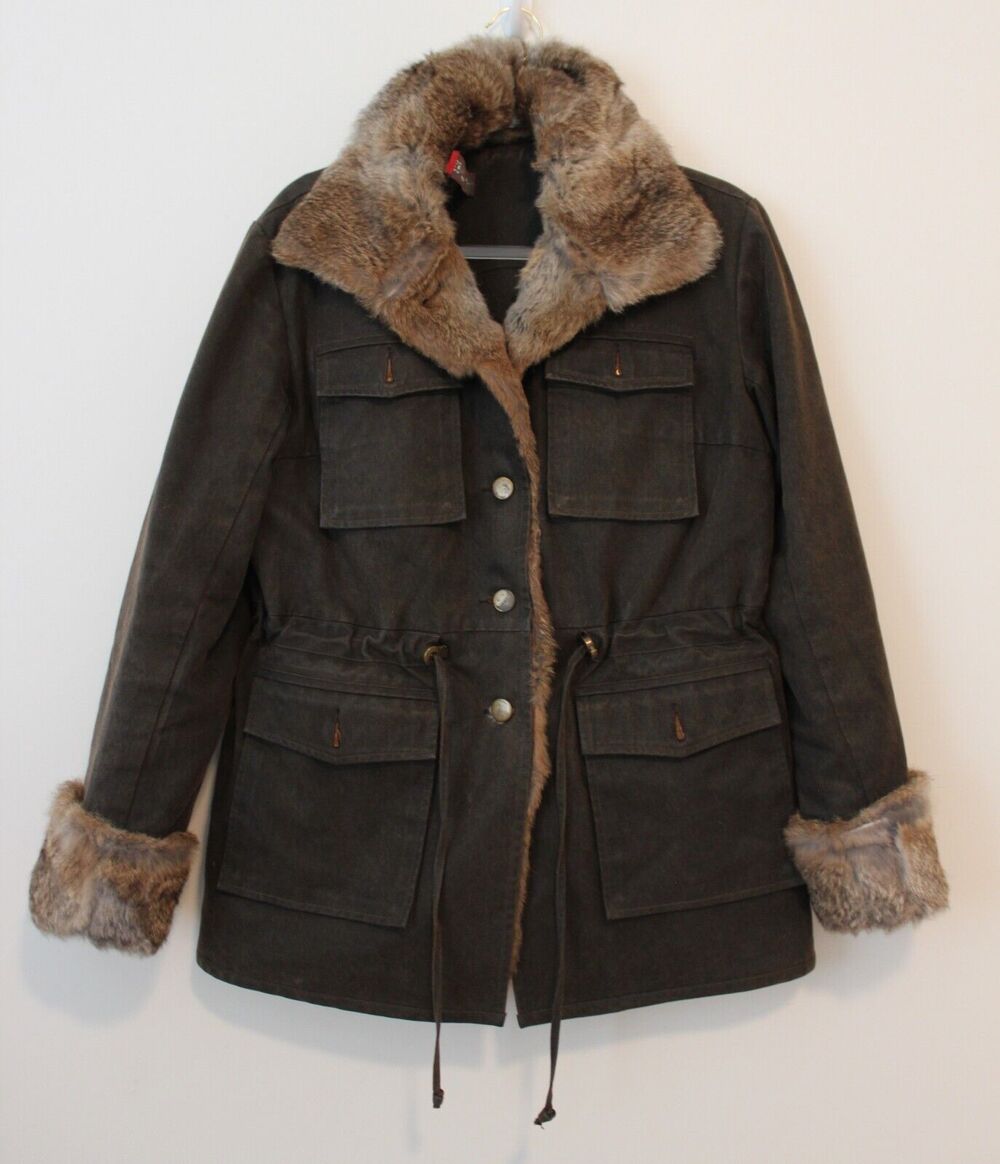 Sundance Womens Coat Brown Faux Fur Collar and Cuff Barn Coat Pockets M Brown
